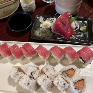 Tuna sashimi, spicy tuna roll and something else