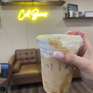 Iced white mocha with caramel cold foam!