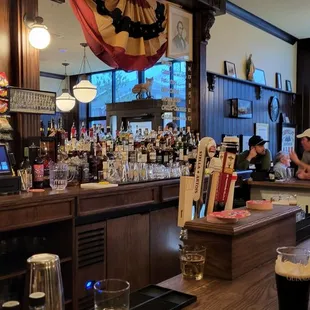 a bar with a wooden bar top
