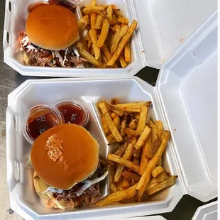 a hamburger and french fries