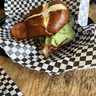 Bacon bliss burger with pretzel bun!