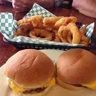 Cheeseburgs and onion rings. Yes