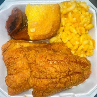 Catfish Meal with Boss Lady Macaroni, Candied Yams Corn Bread