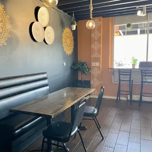 a table and chairs in a restaurant