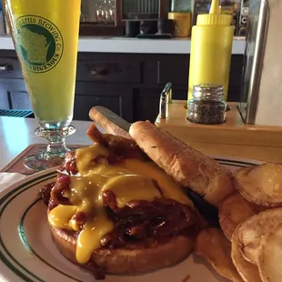 Pork BBQ with nacho cheese. Very good. Spotted cow in the back is a must.