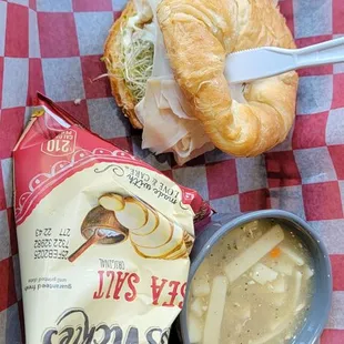 Croissant and chicken noodle soup  Cup of Soup California Kid