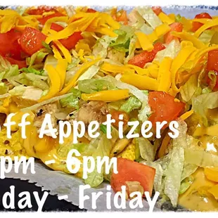 1/2 off appetizers. $2 domestics during Happy Hour