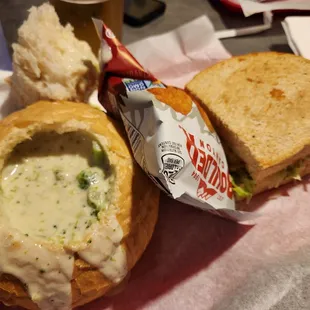a sandwich in a bread bowl