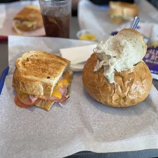 Half Ham and Ham &amp; Cheese Sandwich and Cream Of Potato Bacon soup in a bread bowl