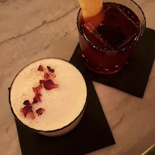 a drink and a dessert on a table