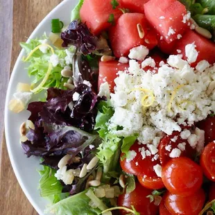 Watermelon and tomato salad with feta cheese