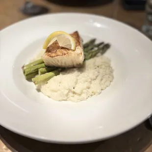 Sea Bass on risotto with fresh asparagus