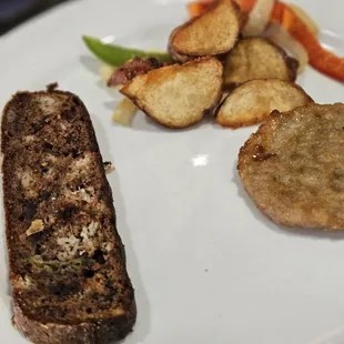 My plate of non microwaved sausage and potatoes with banana bread
