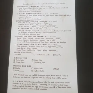 Room service menu which has the variety that the restaurant could prepare.