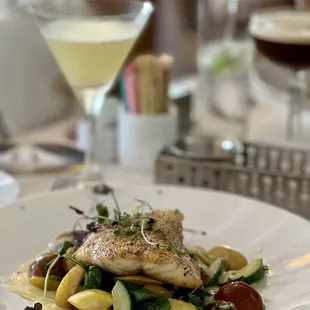 Halibut, Fingerling potatoes, Seared Vegetables, Lemon Caper Sauce