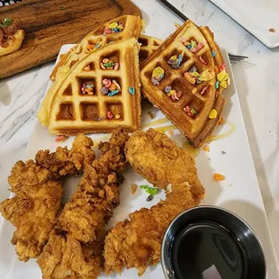 Fruity pebbles waffles and chicken strips