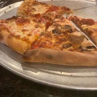 a half eaten pizza on a pan