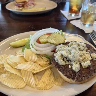 Blackened Bleu Bayou Burger with chips