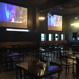tables and chairs in a dimly lit restaurant