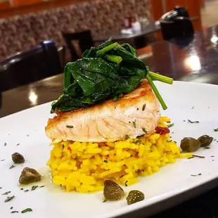 Pan Seared Salmon/ Saffron Rice / Sauté Spinach/ Lemon Caper Butter Sauce