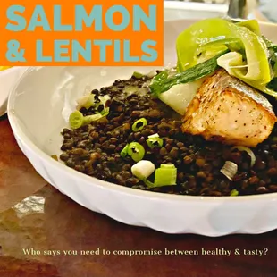 salmon and lentils in a bowl