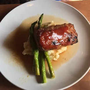 Meatloaf with mashed potatoes, gravy, and asparagus. Second course in the Prix Fixe special. 5/2/18. Really tasty.
