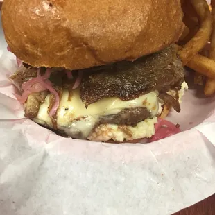 Burger Special-  Carolina Pig Pickin'.  Burger w/ pulled pork pepper jack cheese pickled red onions slaw and bbq sauce