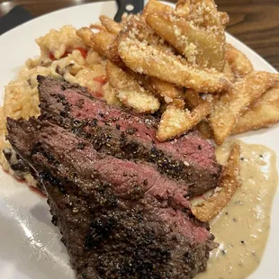 Steak au poivre with truffle fries and bacon tomato risotto
