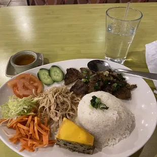 grilled pork and rice platter.