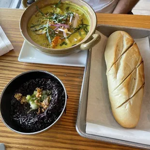 Chicken Curry Stew, Black Coconut Rice, Baguette