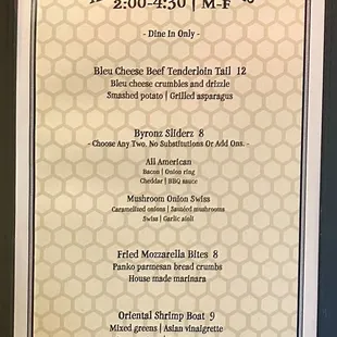 Happy Hour Bar Food Menu.