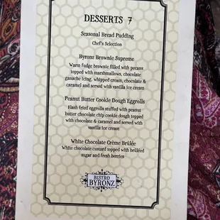 Dessert menu
