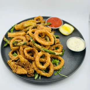 a plate of fried onion rings