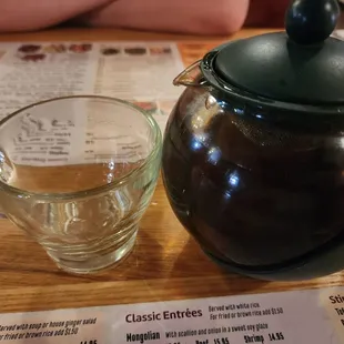 a cup of tea and a teapot on a table