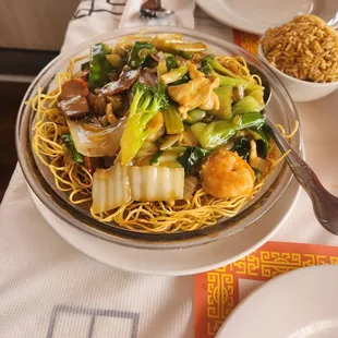 Pan fried noodles $17.95:  tons of sauce &amp; toppings, but standard flavor, 7.5/10