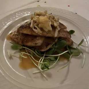 Chef Special- Blackened Drum with lump crabmeat over fingerling potatoes &amp; sprouts