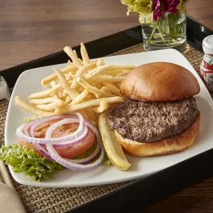 a hamburger and french fries