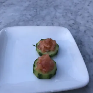 Amuse bouche, smoked salmon on cucumber. Refreshing!