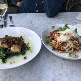 Entrees: local lingcod &amp; bucatini with eggplant. Both superstar dishes