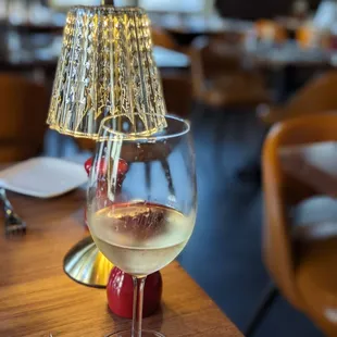 a glass of wine on a table