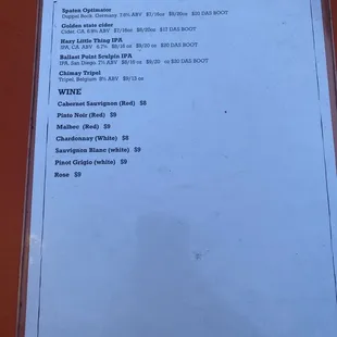Drink menu april 2023