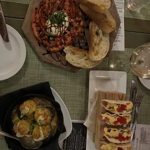 Burrata with heirloom tomato, crab-stuffed mushrooms, ahi tuna tacos