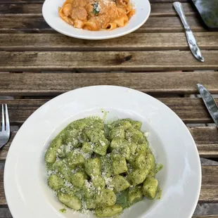 Gnocchi pesto and Sausage pappardelle