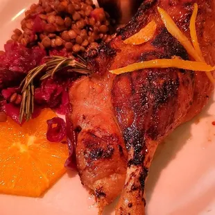 Roasted Duck a l&apos;orange with braised cabbage and lentils