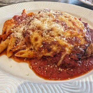 Chicken Parmesan with homemade penne pasta