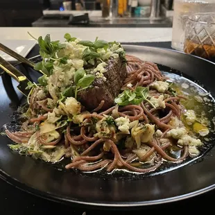 Filet mignon and spaghetti