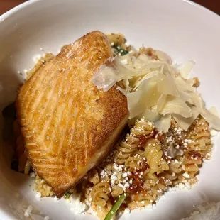Mangia pasta with salmon. The salmon had a nice crunch though it was a little fishy and too salty.