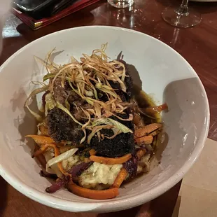 Brisket with mashed potatoes and veggies