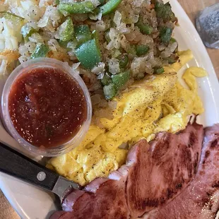 2 eggs &amp; ham, with hash browns add green peppers and onion and a side of salsa!!!