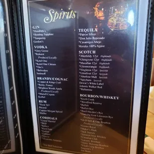 a menu for spirits